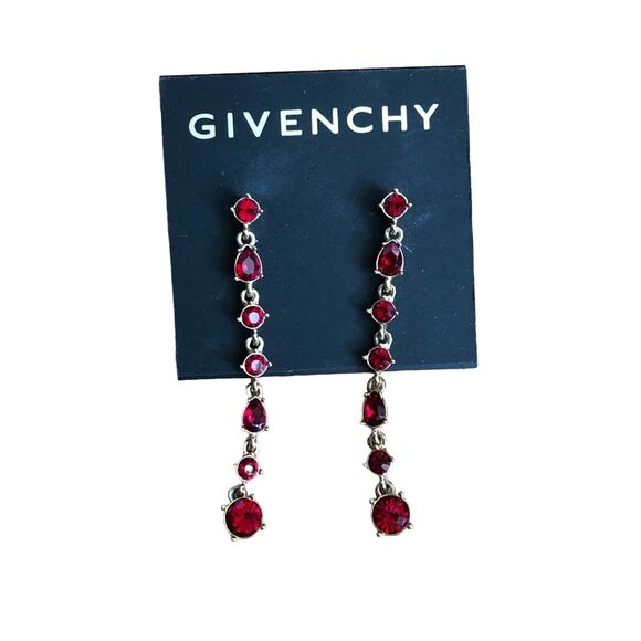 GIVENCHY Authentic Red Rhinestone Gold Plated Drop Earrings NWT - Picture 1 of 4